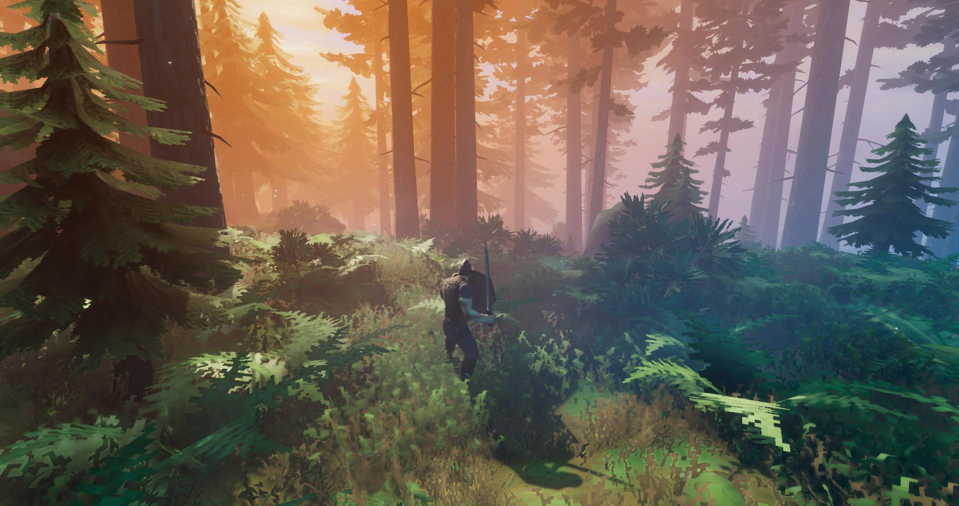 'Valheim' player standing with a sword and shield inside a forest.