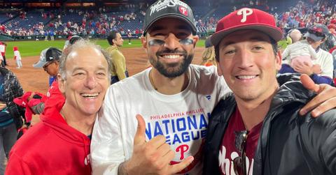 Miles Teller and his dad at Phillies game