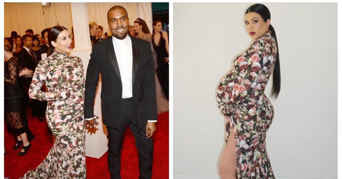 (L-R): Kim Kardashian and Kanye West at the 2013 Met Gala; Kourtney Kardashian dressed as Kim from the 2013 Met Gala