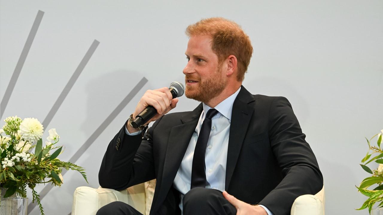 Prince Harry speaking during Project Healthy Minds' World Mental Health Day Festival 2023 on Oct. 10, 2023  