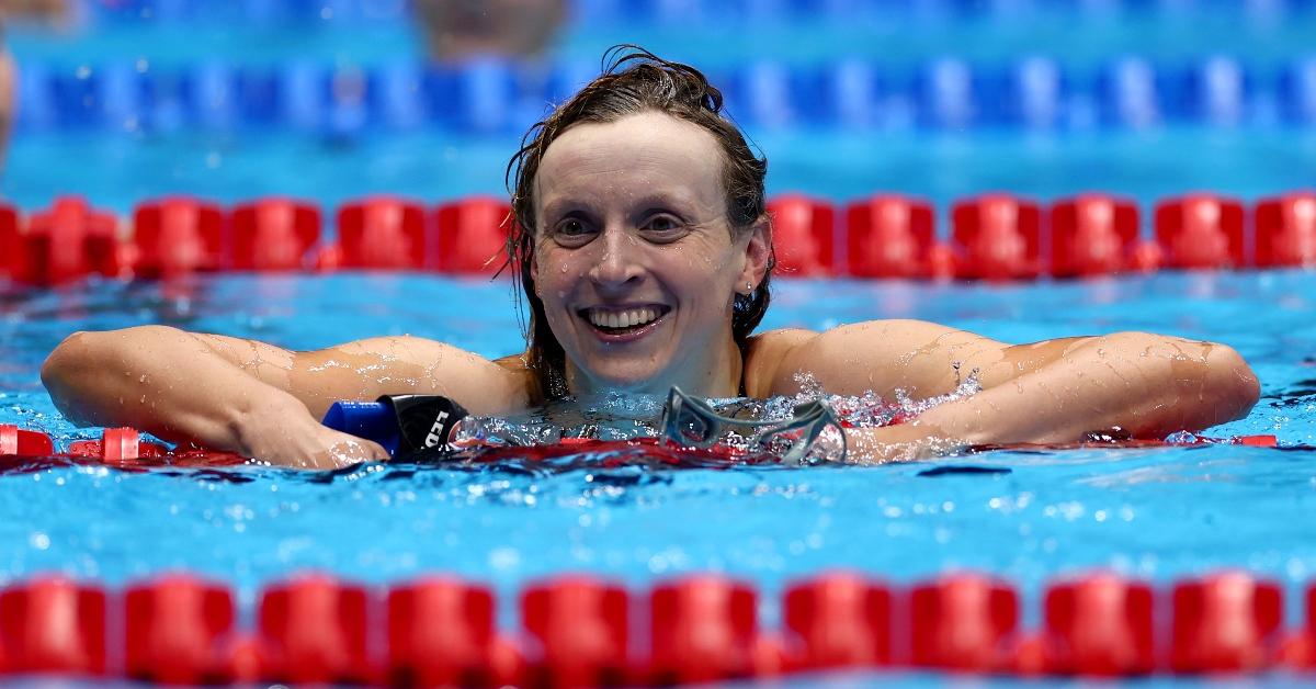 Katie Ledecky of the United States reacts after the Women's 200m freestyle final on Day Three of the 2024 U.S. Olympic Team Swimming Trials at Lucas Oil Stadium on June 17, 2024 in Indianapolis, Indiana. (Photo by Maddie Meyer/Getty Images)