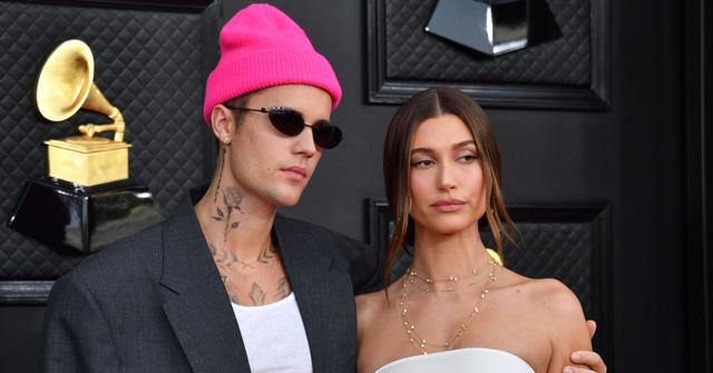 Justin Bieber and Hailey Bieber attend the 64th Annual Grammy Awards.