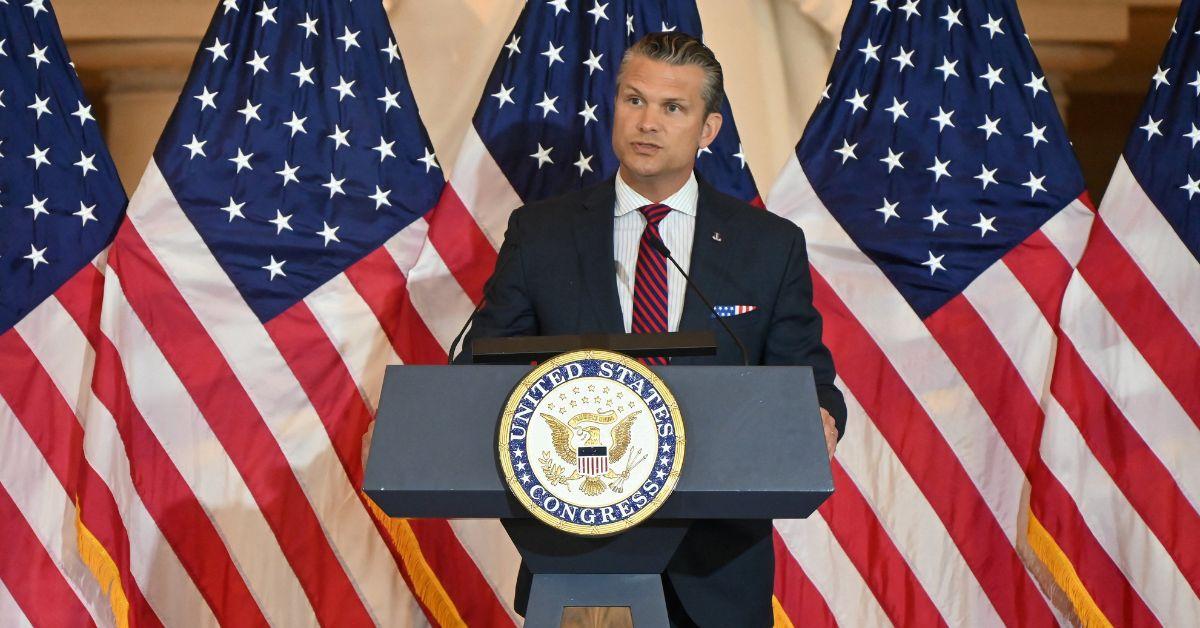 Pete Hegseth speaking at a podium in Washington in September, 2025. 