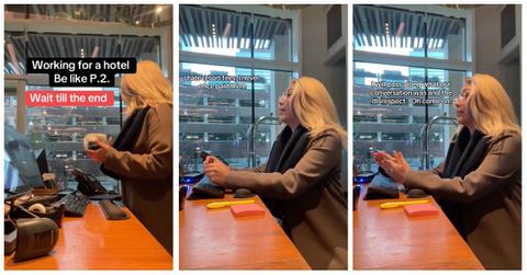 A rude hotel guest argues with the front desk worker about a facility fee