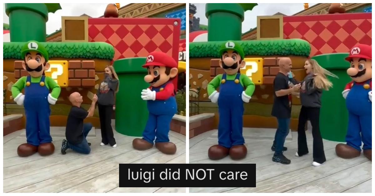 A couple’s marriage proposal at Super Nintendo World is going viral after Luigi was left unimpressed by the special moment.