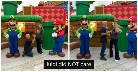 A couple’s marriage proposal at Super Nintendo World is going viral after Luigi was left unimpressed by the special moment.