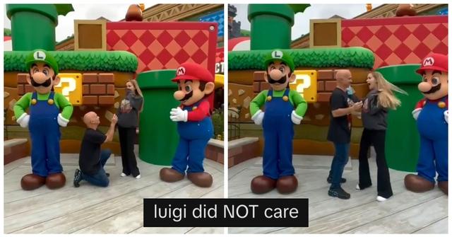 A couple’s marriage proposal at Super Nintendo World is going viral after Luigi was left unimpressed by the special moment.