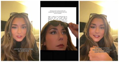 TikTok user @rebmasel reads a court transcript in which a mother tries to defend naming her baby boy "Weatherby Dot Com Chanel Fourcast."