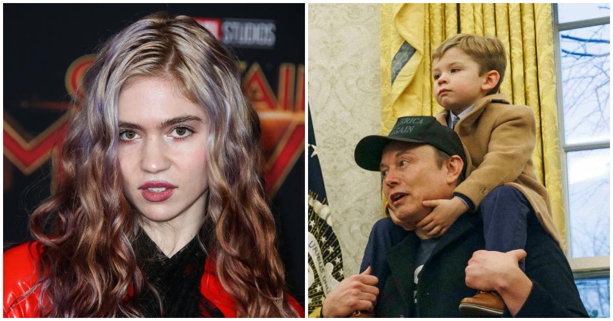 (l-r): Grimes, Elon Musk, and their son, X.