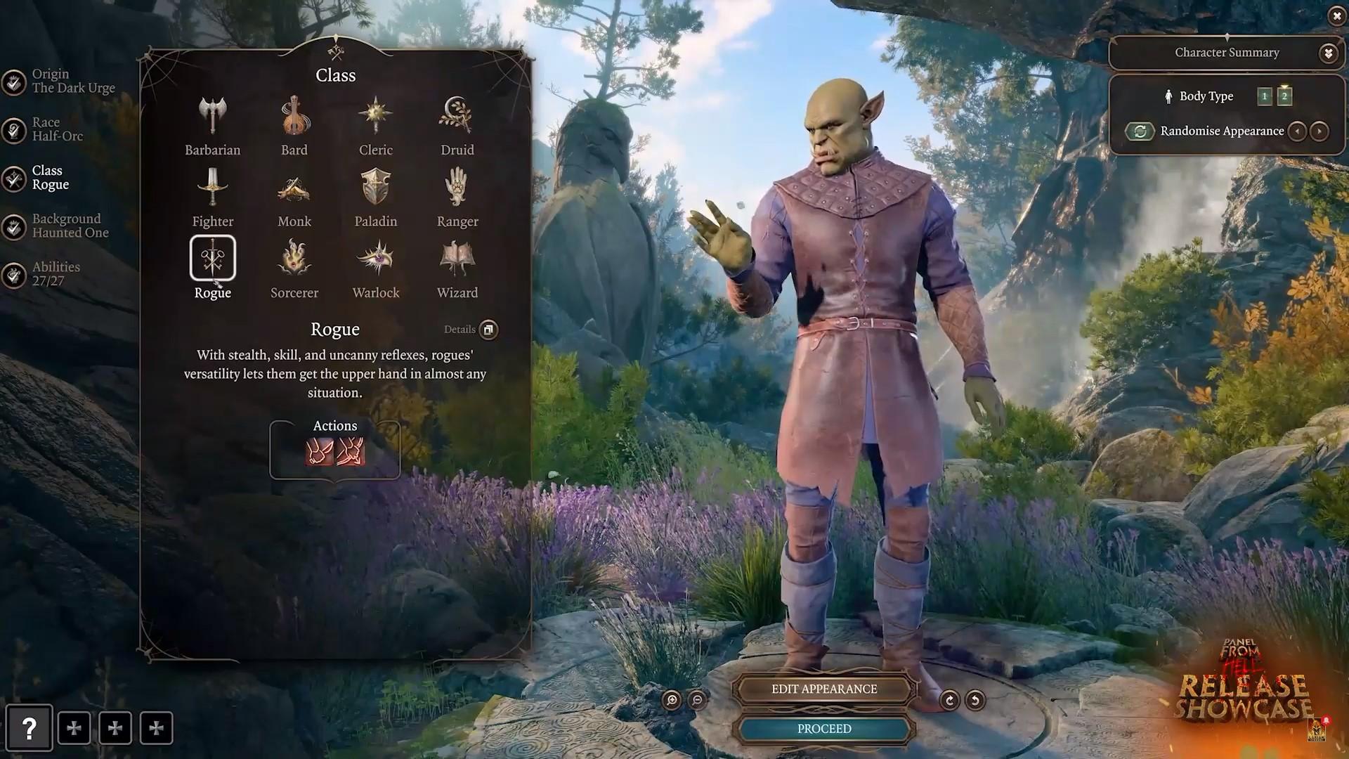 'Baldur's Gate 3' Close-up of the character creation screen and classes.