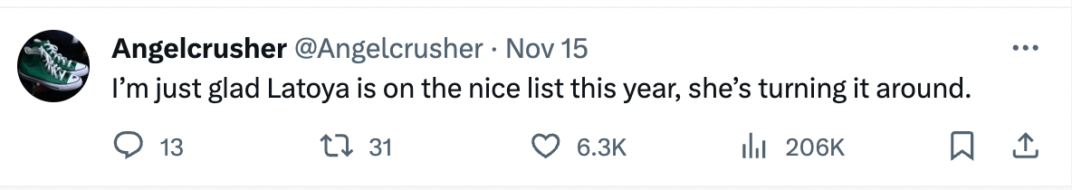 A commenter is glad to see Latoya on the nice list