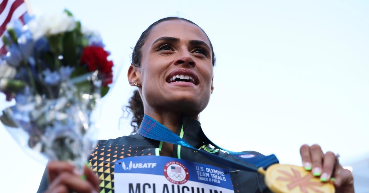 Gold medalist Sydney McLaughlin-Levrone poses with the gold medal.