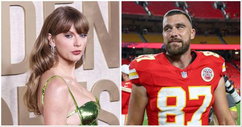 Taylor Swift attends the 2025 Golden Globe Awards; Travis Kelce plays football against the Chicago Bears.