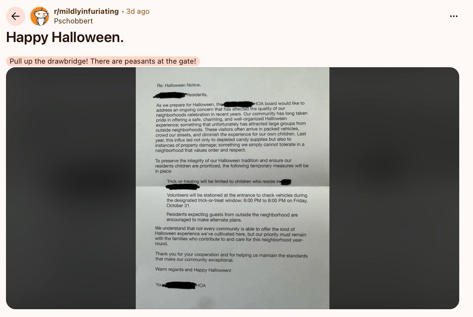 Redditor shares HOA letter saying they're banning outside trick-or-treaters from their neighborhood.