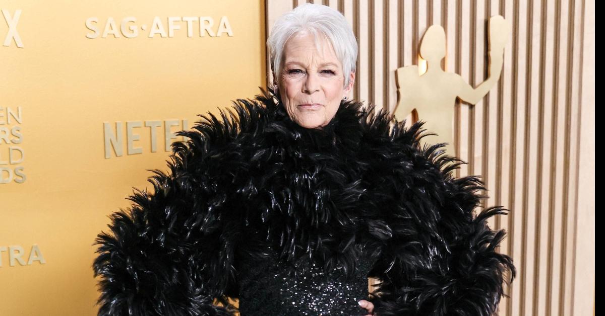 Jamie Lee Curtis in a black-feathery ensemble at 2025 SAG Awards.
