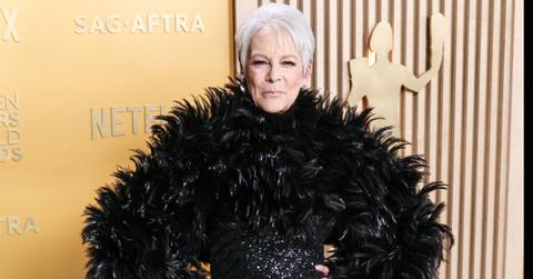 Jamie Lee Curtis in a black-feathery ensemble at 2025 SAG Awards.