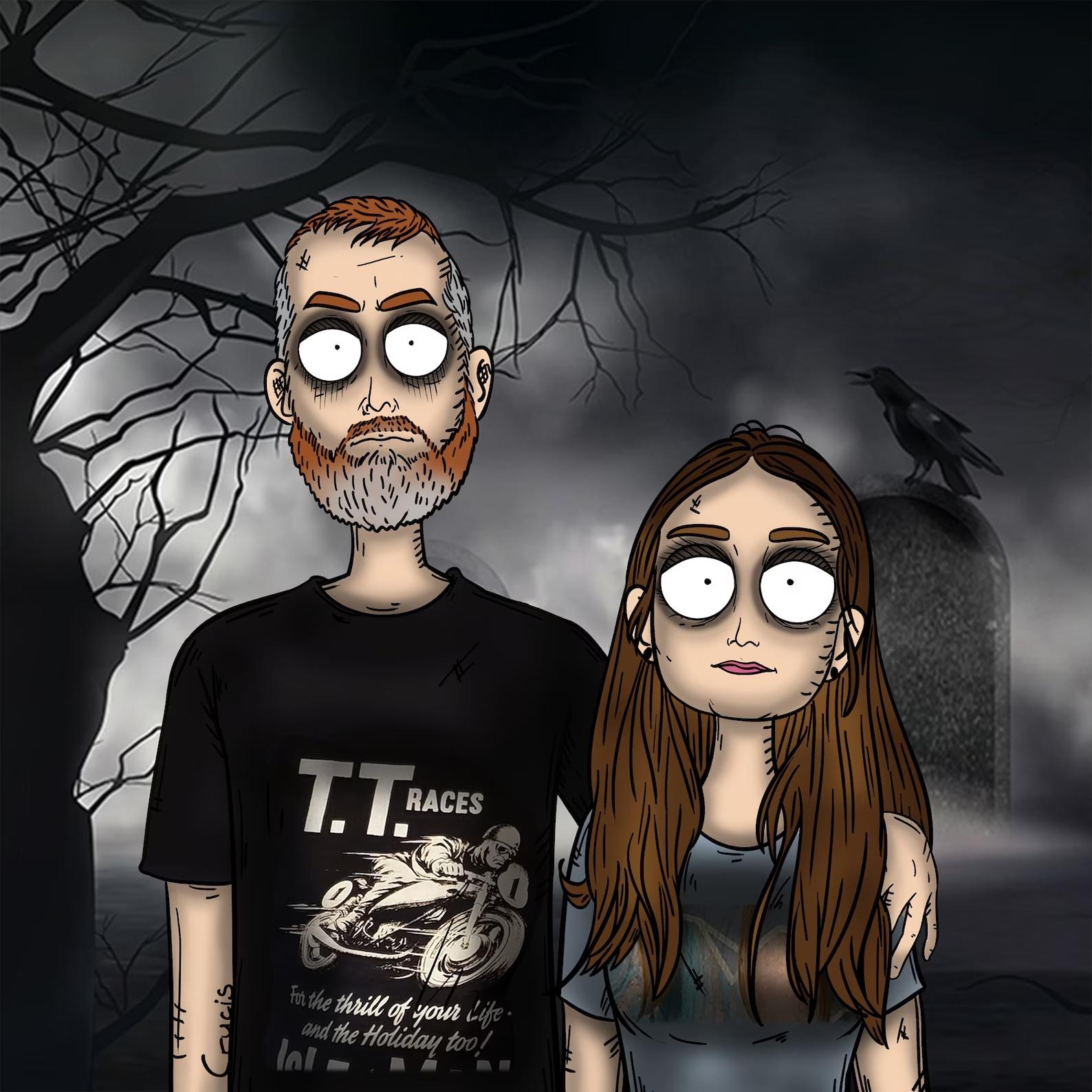 A custom portrait of a couple in the style of Tim Burton