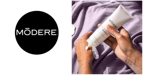 (l-r): A Modere logo; someone applying Modere cream on their skin