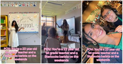 (l-r): A woman teaching and working at starbucks