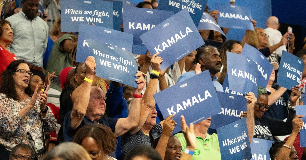 Supporters cheer Democratic presidential candidate, U.S. Vice President Kamala Harris at a campaign event at the Georgia State Convocation Center on July 30, 2024 in Atlanta, Georgia. Both Harris and Republican presidential nominee, former President Donald Trump plan to campaign in Atlanta this week. (Photo by Megan Varner/Getty Images)