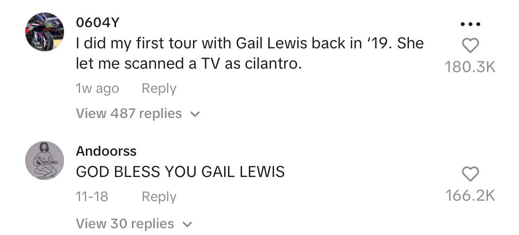 comments on Gail Lewis's tiktok reading "I did my first tour with Gail Lewis back in '19. She let me scanned a TV as cilantro" and "GOD BLESS YOU GAIL LEWIS"