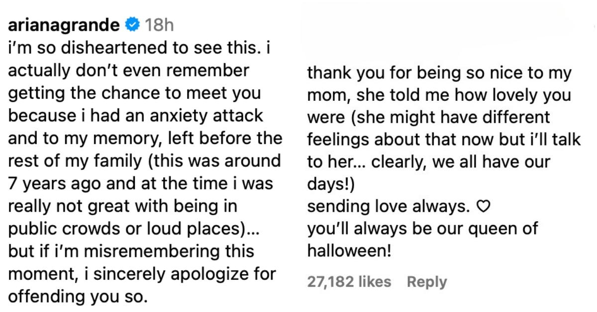 Ariana Grande responds to Elvira's post about her encounter she had with her years ago.