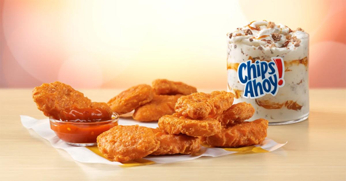 Spicy McNuggets with a Chips Ahoy ice cream dessert. 