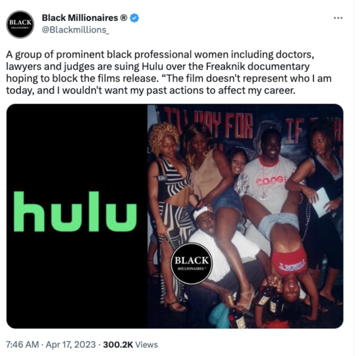 A tweet about Freaknik with block party attendees, the Hulu logo, and Black Millionaires logo