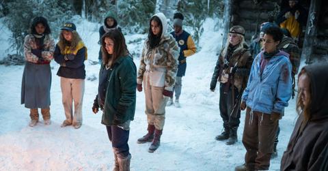 Nuha Jes Izman, Samantha Hanratty, Alexa Barajas, Sophie Nélisse, Courtney Eaton, Nia Sondaya, Sophie Thatcher, Jasmin Savoy Brown, Steven Krueger, and Liv Hewson in 'Yellowjackets'.