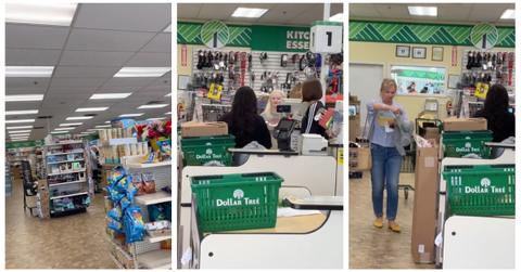 A customer takes over as cashier at Dollar Tree