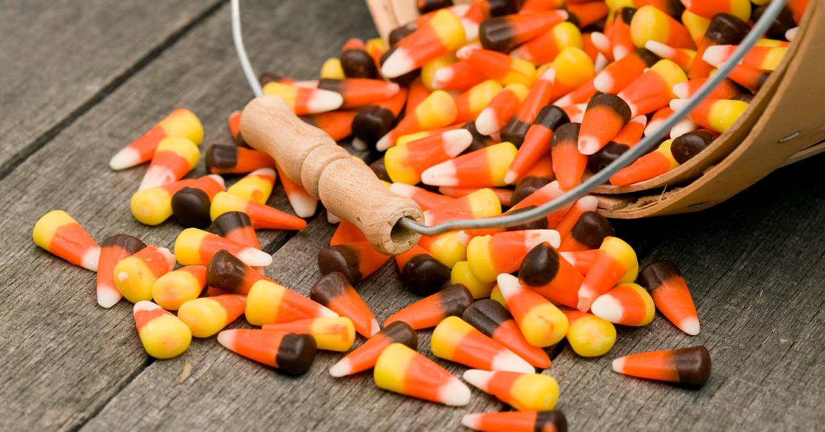 A bucket of candy corn.