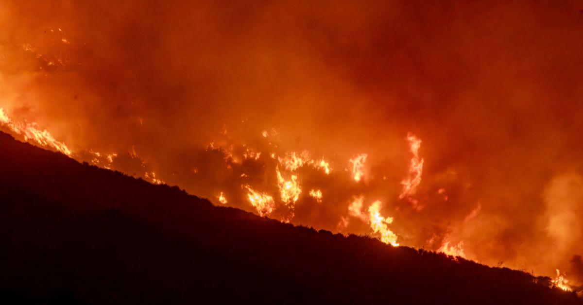 The Palisades fire ravaging across a hillside. 