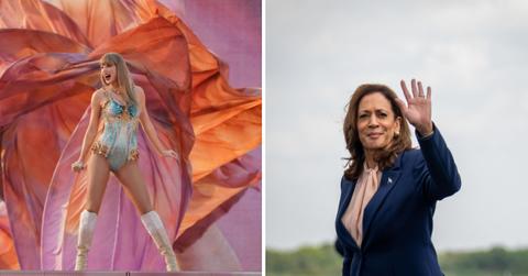 Taylor Swift performing at the Eras Tour; Kamala Harris waving at the camera