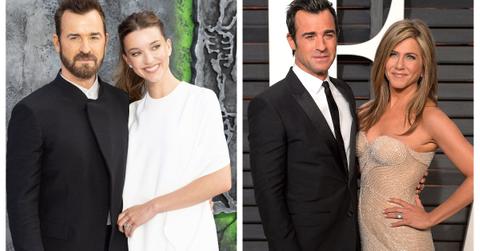 Justin Theroux and Nicole Brydon Bloom wearing her engagement ring; Justin Theroux and Jennifer Aniston wearing her engagement ring