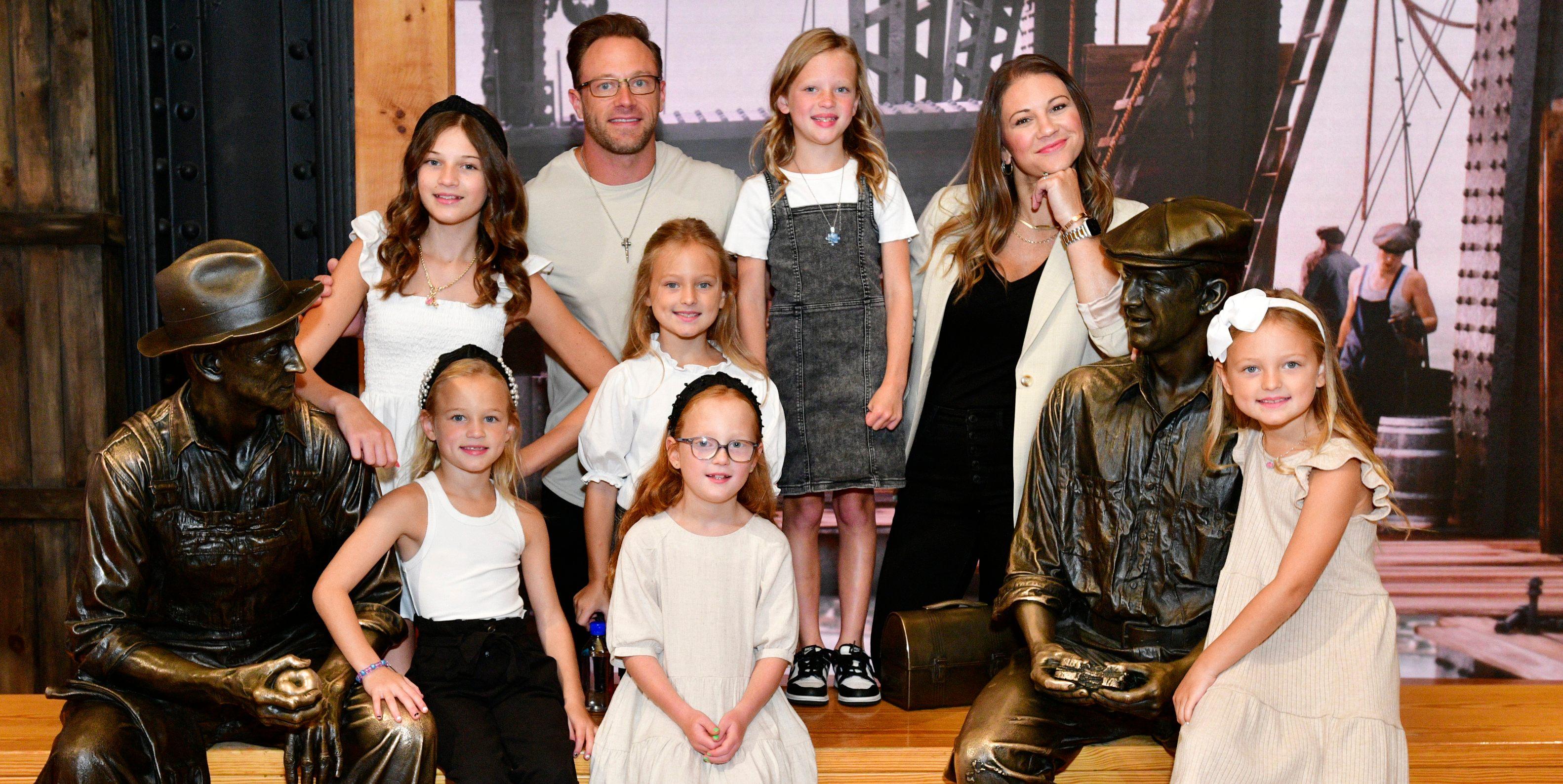 Blayke Busby, Adam Busby, Parker Busby, Danielle Busby (L-R Bottom Row): Riley Busby, Ava Busby, Hazel Busby and Olivia Busby on July 11, 2023 in New York City.