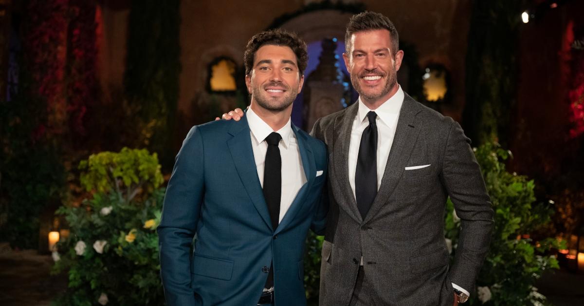 Joey Graziadei and Jesse Palmer outside of The Bachelor mansion