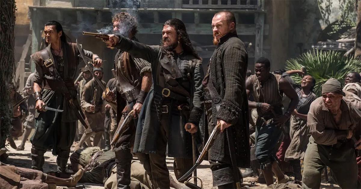 The cast of 'Black Sails' during a battle sequence. 