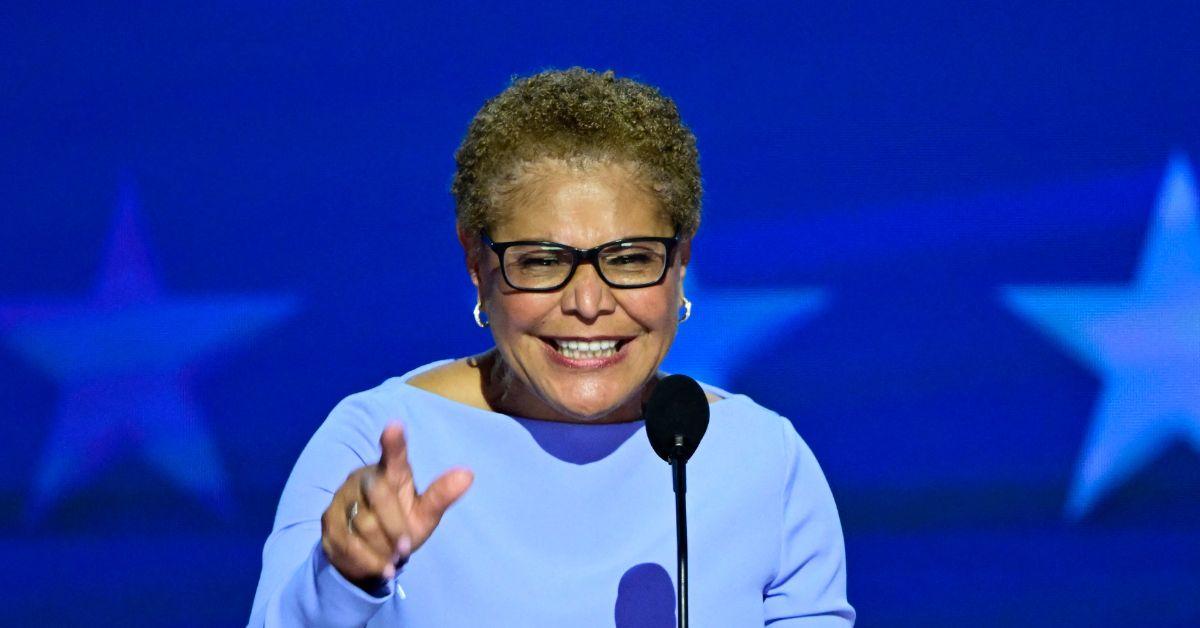 Karen Bass speaking at the 2024 DNC. 