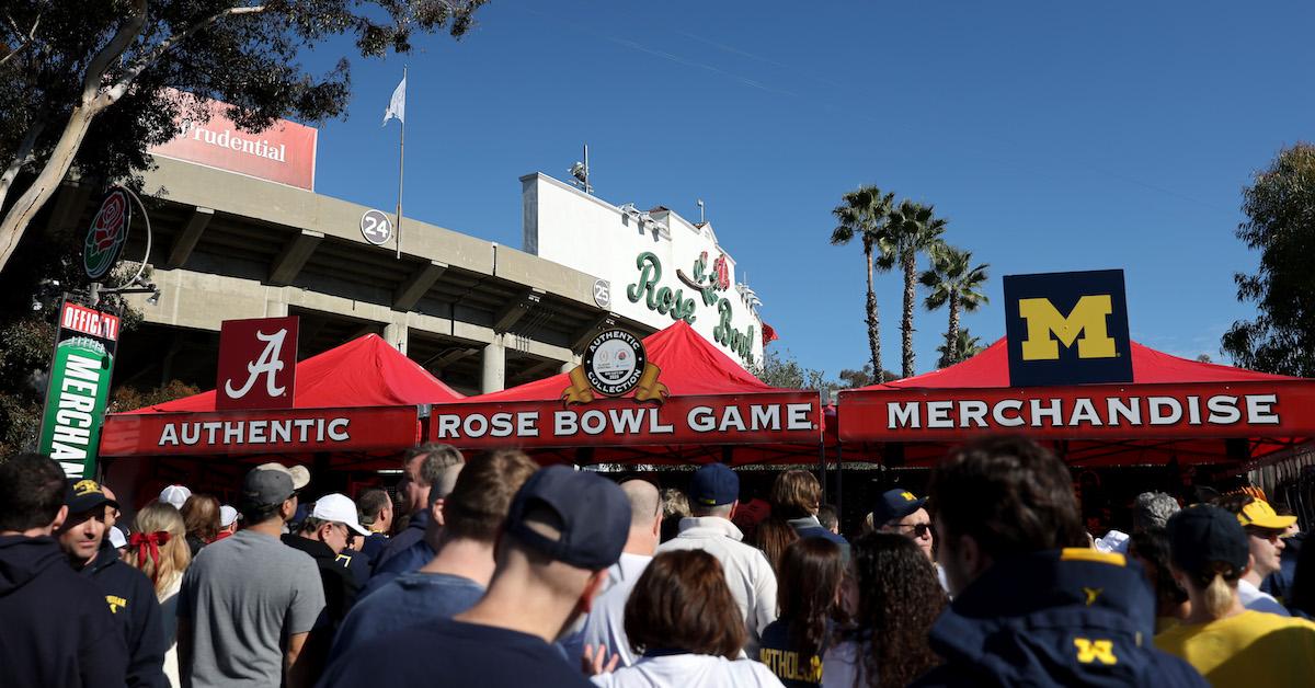  Fans line up to buy merchandise before the CFP Semifinal Rose Bowl Game between the Alabama Crimson Tide and the Michigan Wolverines at Rose Bowl Stadium on Jan. 1, 2024 in Pasadena, Calif.