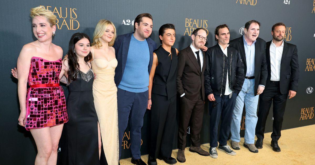 Zoe Lister-Jones, Julia Antonelli, Kylie Rogers, Michael Gandolfini, Armen Nahapetian, Ari Aster, Joaquin Phoenix, Richard Kind, and Lars Knudsen at the premiere of 'Beau is Afraid' in 2023.