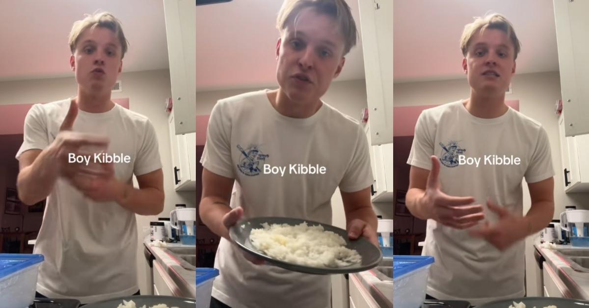 TikTok user @jackson.hadley explains how he cooks turkey patties and rice for his boy kibble dinners.