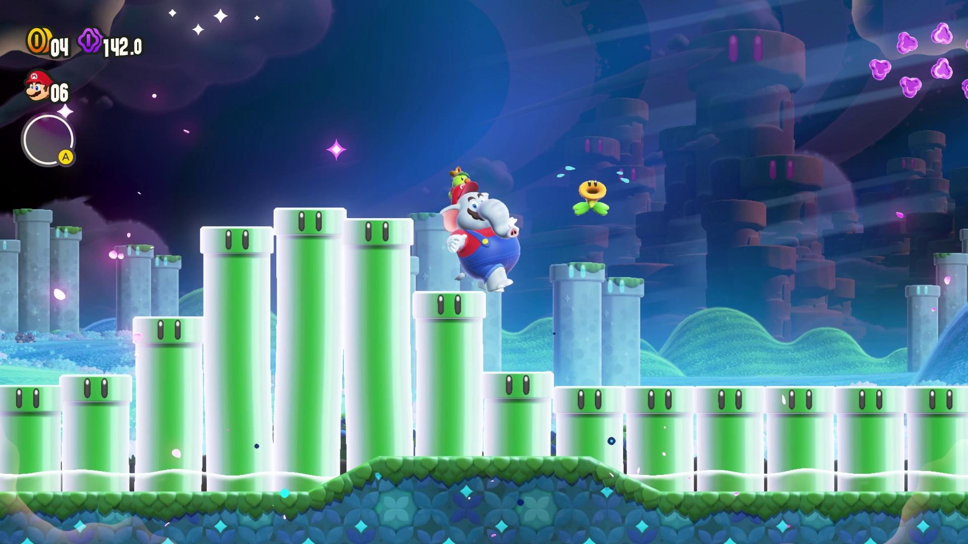 Mario using the elephant power-up after a Wonder Flower in 'Super Mario Bros. Wonder'