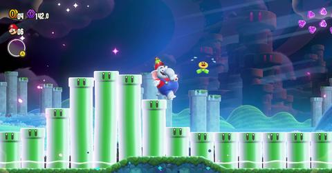 Mario using the elephant power-up after a Wonder Flower in 'Super Mario Bros. Wonder'