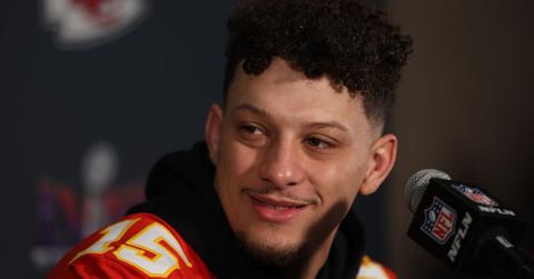 Patrick Mahomes of the Kansas City Chiefs speaks to the media