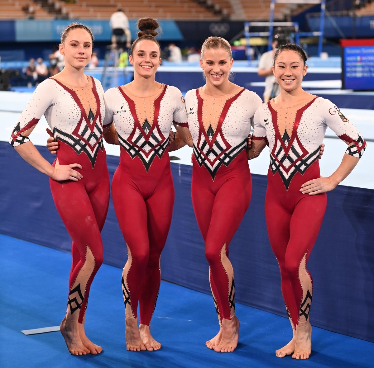 25 July 2021, Japan, Tokio: Gymnastics: Olympics, preliminary competition, vault, women, qualification at Ariake Gymnastics Centre. Germany's Sarah Voss and Paulina Schäfer, Elisabeth Seitz and Kim Bui (l-r) after the competition. Photo: Marijan Murat/dpa (Photo by Marijan Murat/picture alliance via Getty Images)