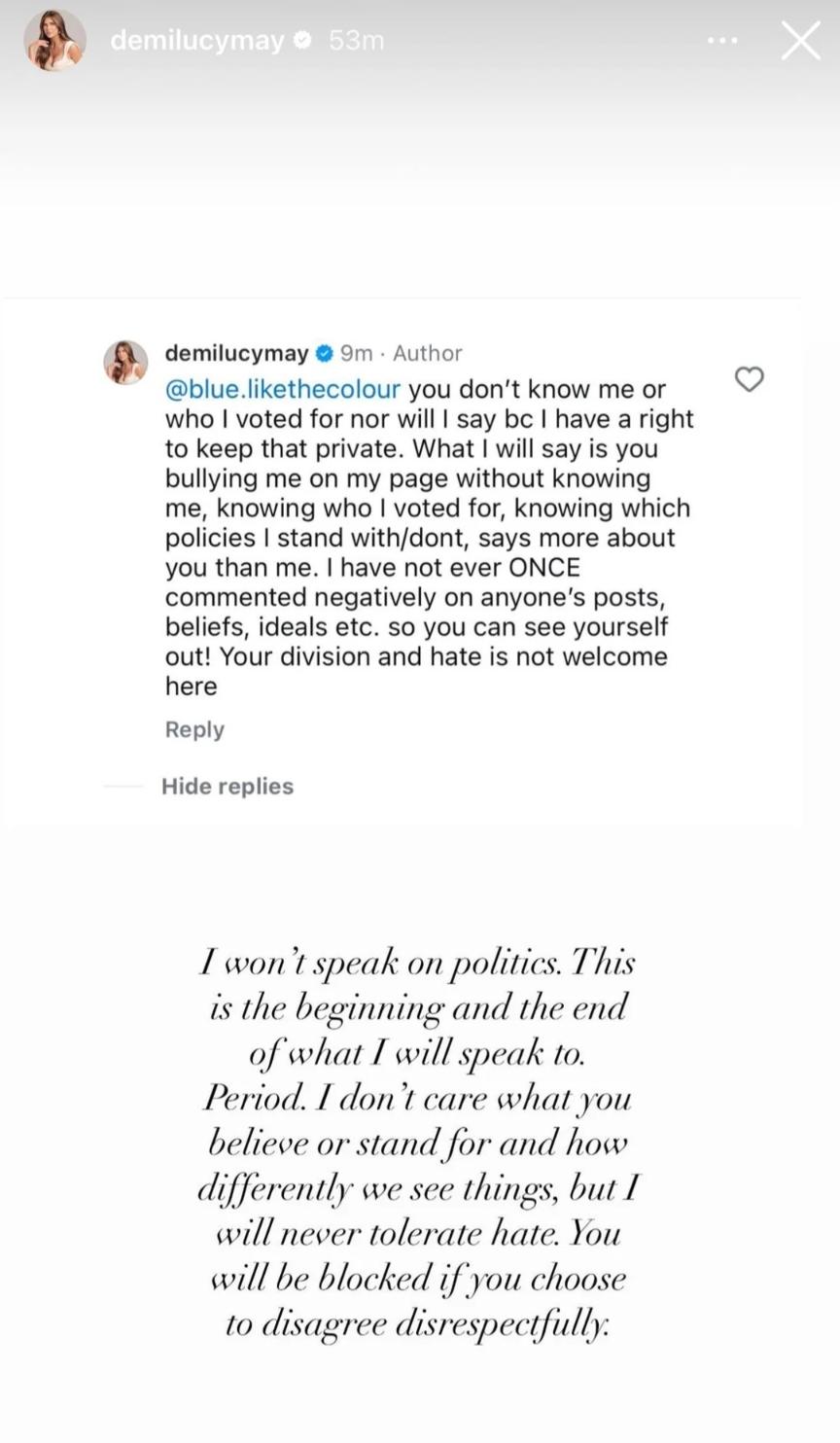 Demi Engemann's comments about politics on Instagram