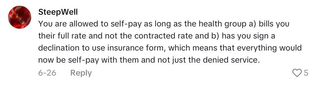 Comment on post about woman who couldn't self-pay for medical care because UHC denied her claim.