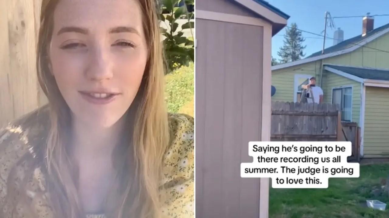 A woman describes how a neighbor has been recording her family in their own yard