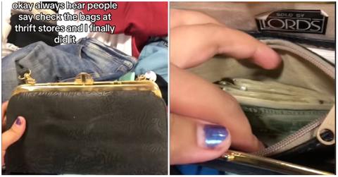 A person finds cash in thrift store bag