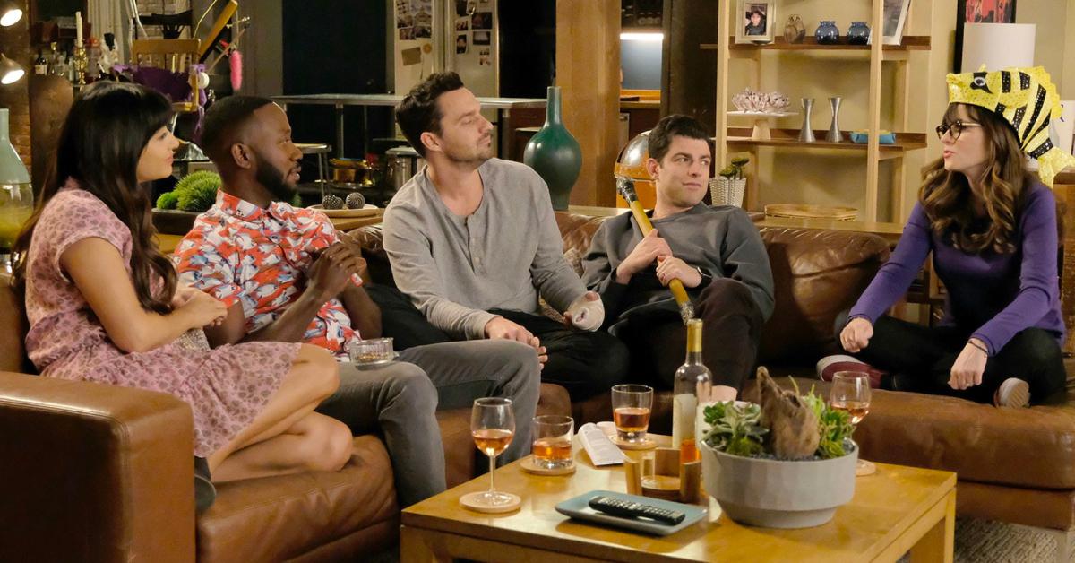 (L-R) Cece (Hannah Simone), Winston (Lamorne Morris), Nick (Jake Johnson), Schmidt (Max Greenfield), and Jess (Zooey Deschanel), during the series finale of 'New Girl.'